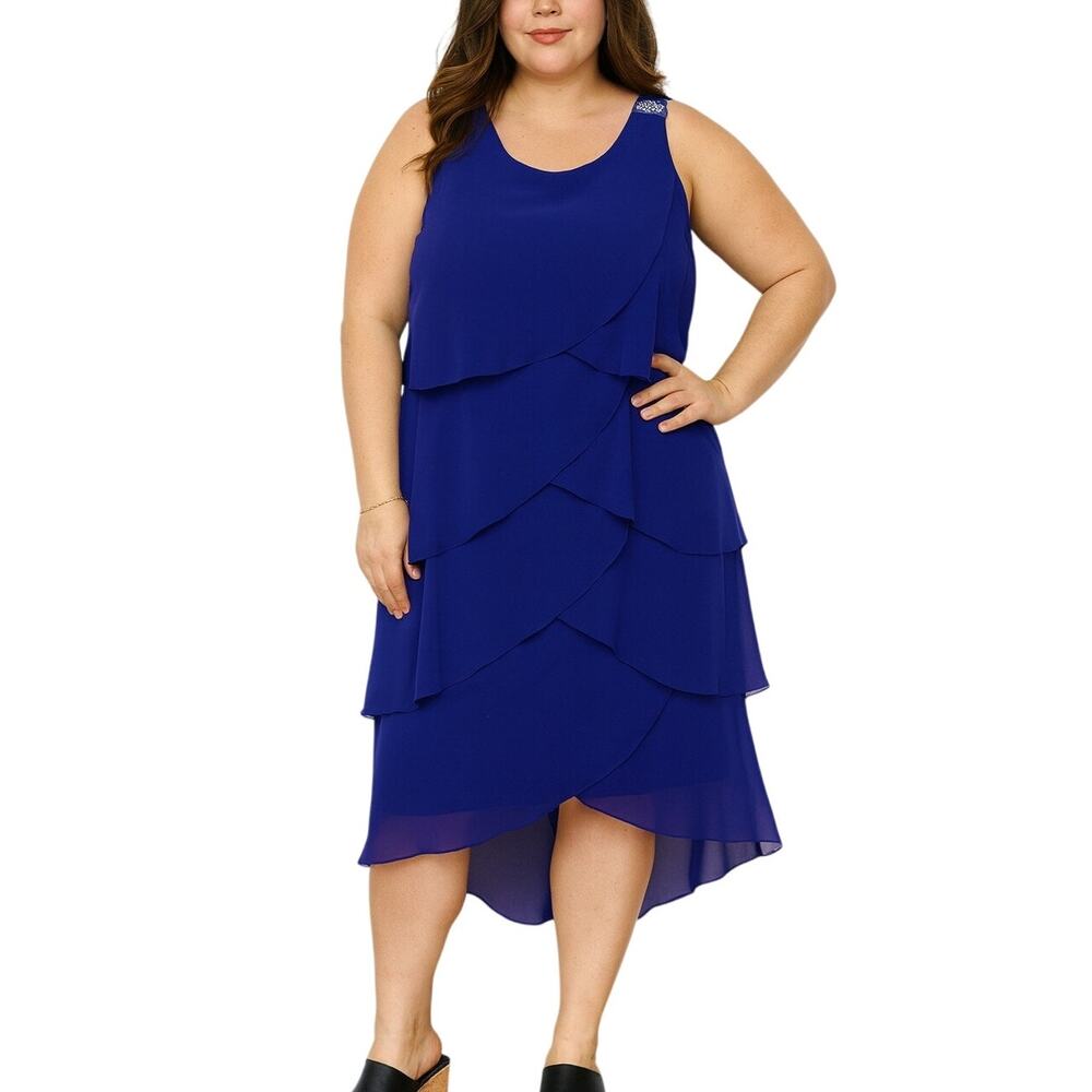 SLNY tiered chiffon beaded shoulder dress — 14W —‎ royal blue